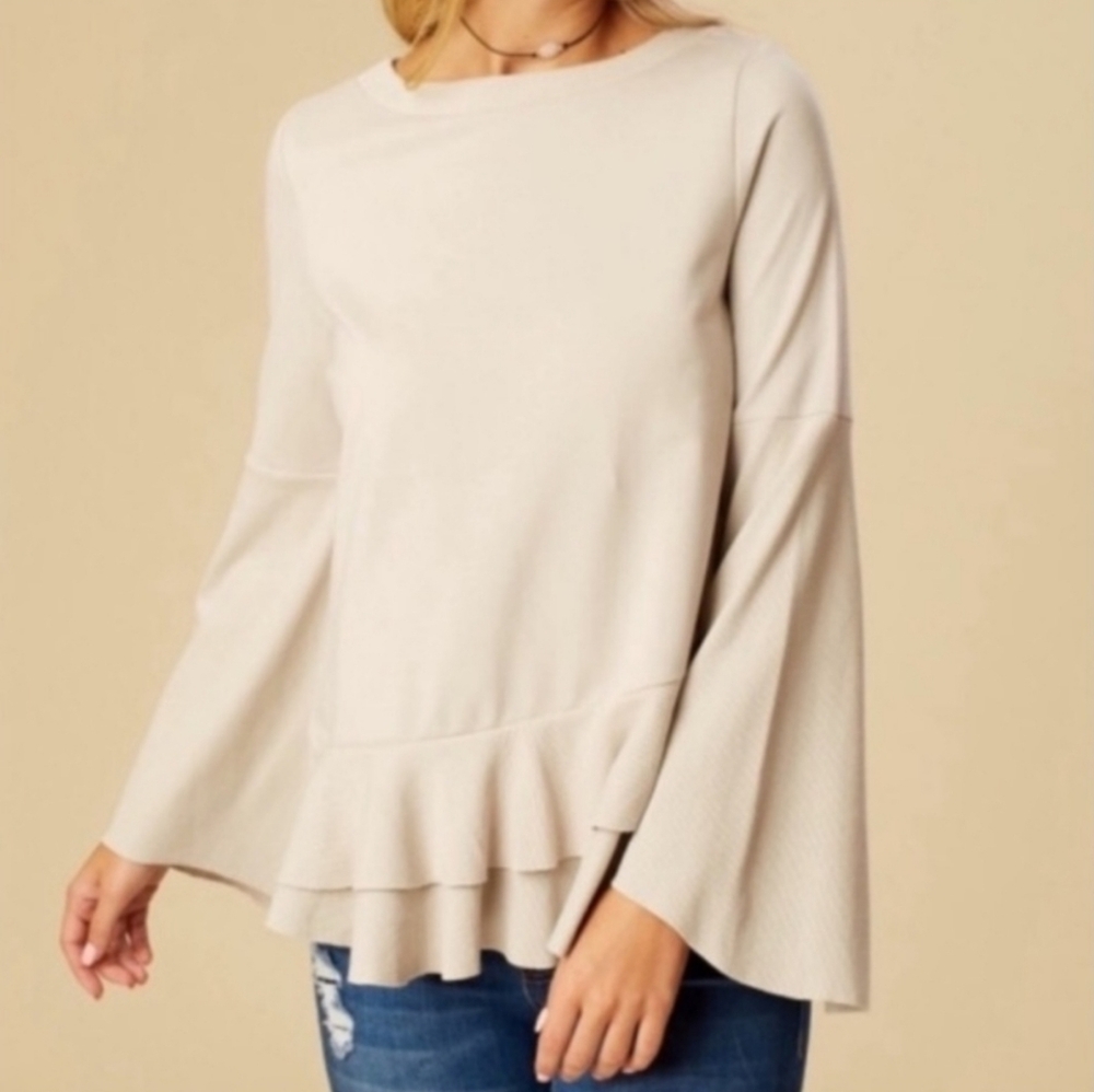 Altar'd State Flared Bell Sleeve Crewneck Sweatshirt, Asymmetrical Ruffle Hem.